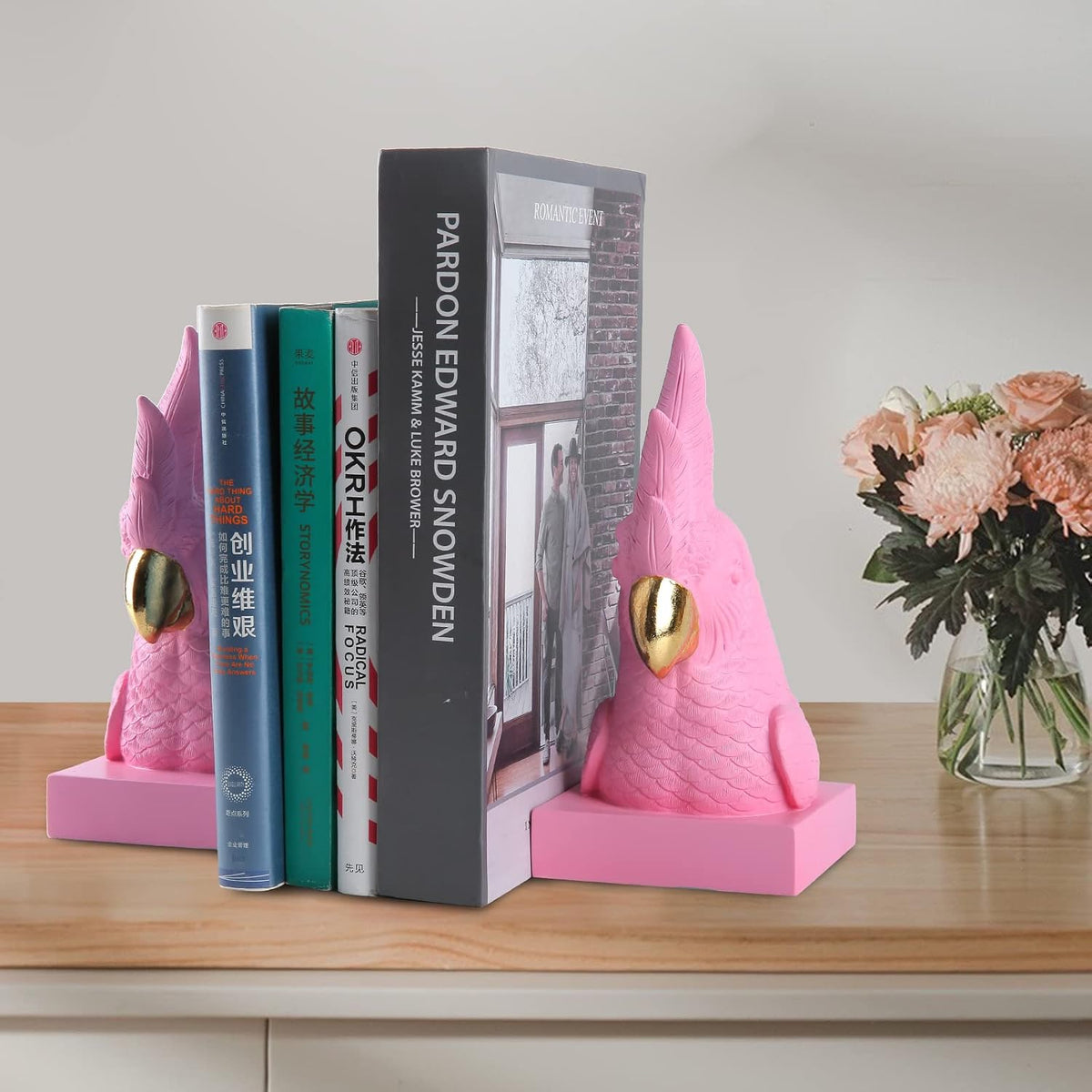 Cute Pink Parrot Decorative Bookends,Maximalist Bookshelf Decor