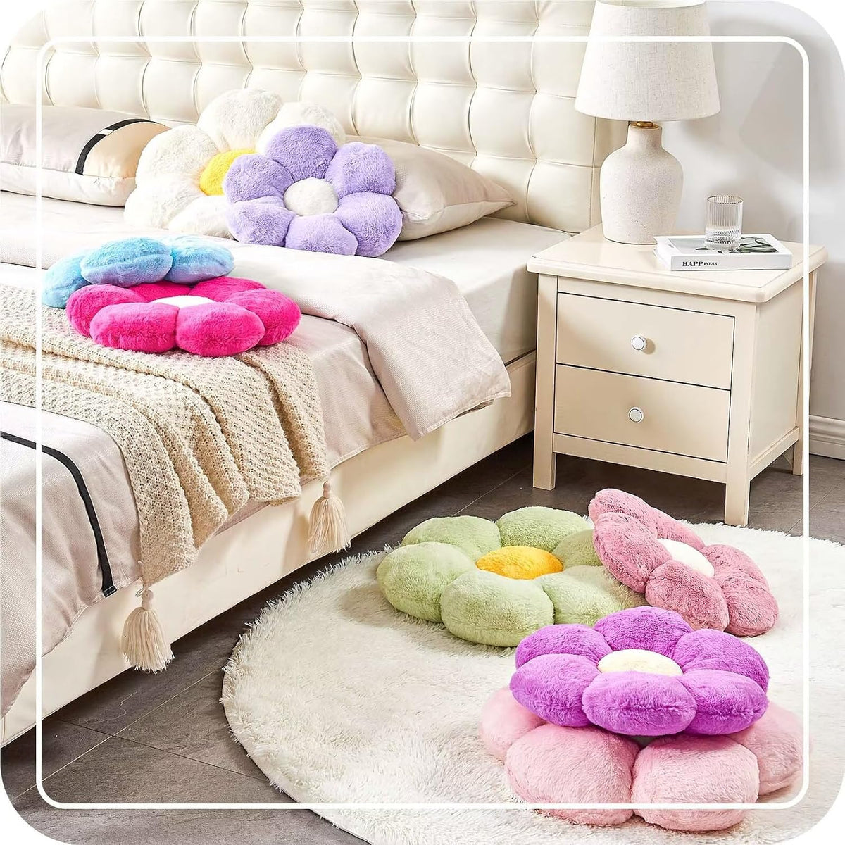 Flower Pillow Cute Decorative Throw Pillow with Faux Rabbit Fur Soft Daisy Plush Floor Cushion Aesthetic Flower Shaped Pillow Home Decor for Bed Sofa Couch (Pink, 17.7 Inch)