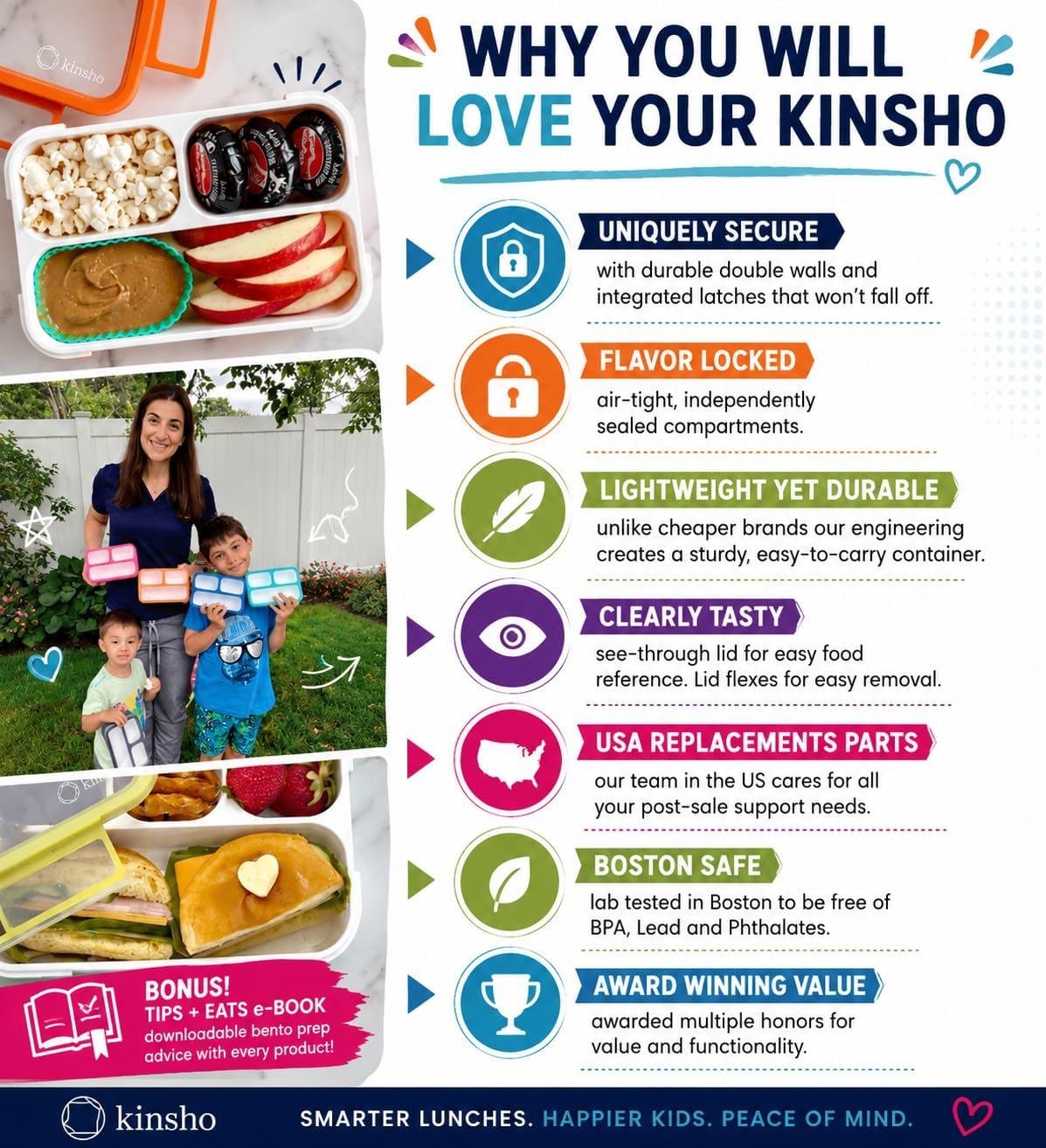 kinsho Bento Box Lunch Containers for Kids Girls Toddlers Women, 6 Compartment Portion Control Kit, Meal or Snack Boxes for School Daycare Work Travel, BPA Free, Utensils, Pink
