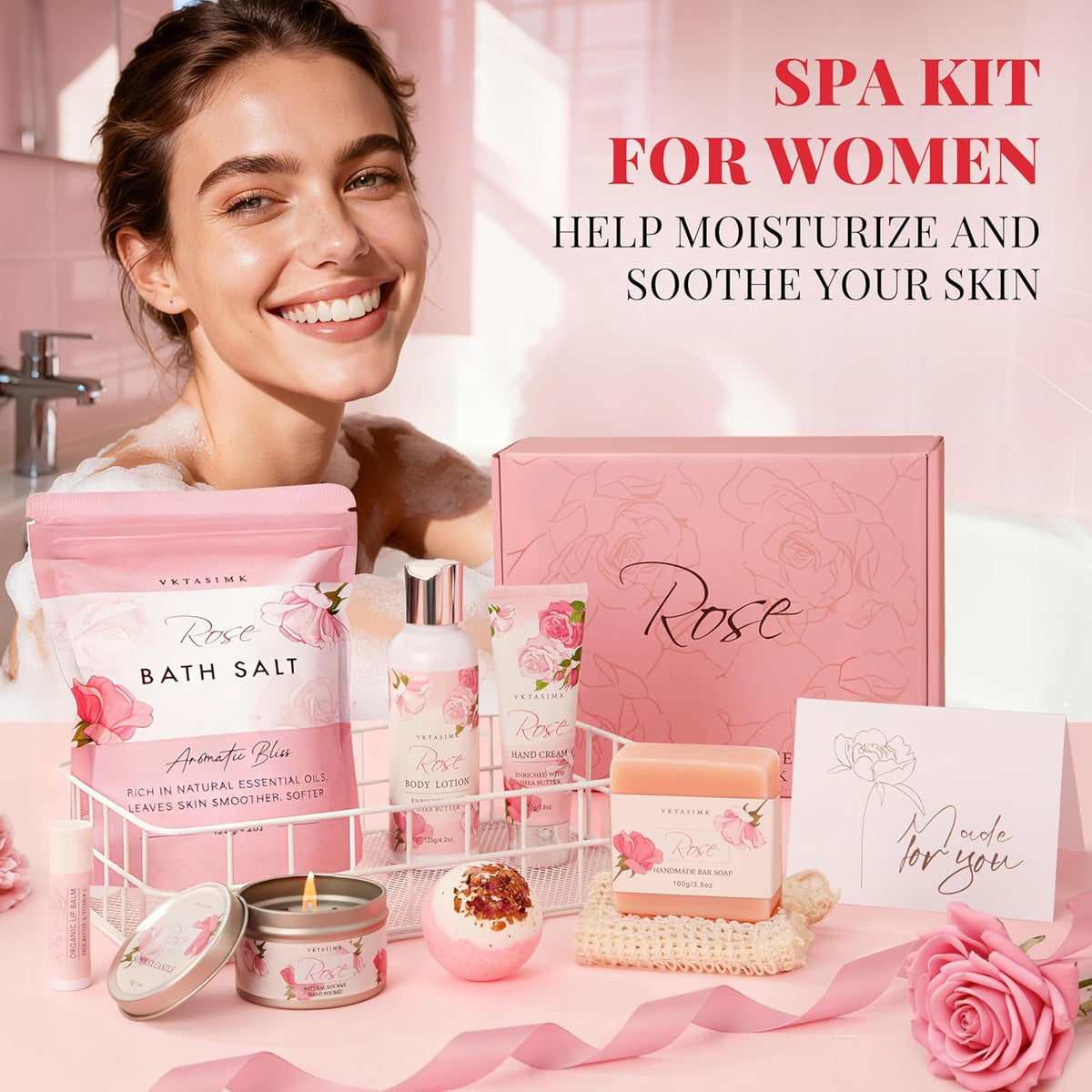 Gifts for Women Birthday Gift Baskets, Rose Relaxing Home Spa Set