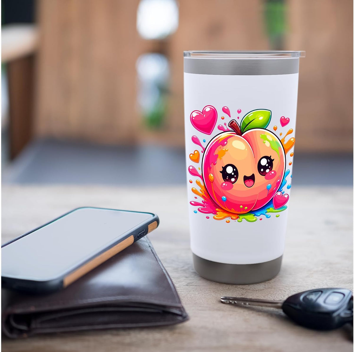 Cute Kawaii Peach With Hearts Color Splash Stainless Steel Insulated Tumbler