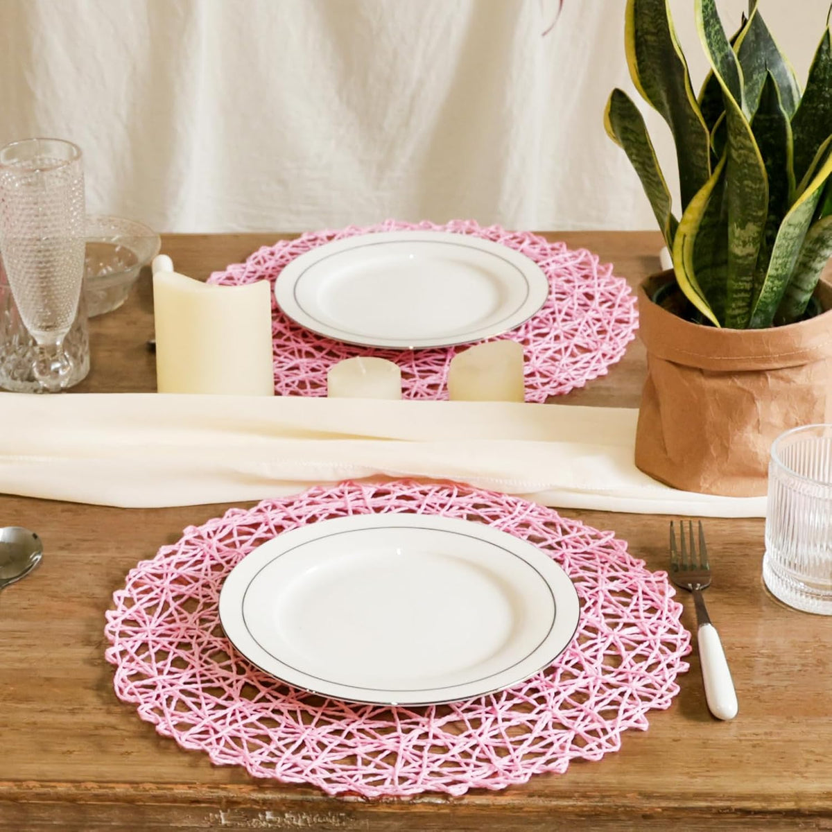 Paper Braided Round Placemats Set of 12 Natural Non-Slip Heat Resistant Table Mats for Dining Tables Woven Indoor Outdoor Place mats(Pink)