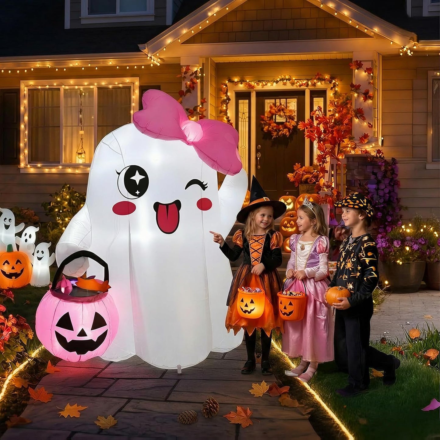 5FT Cute Halloween Inflatables, Ghost Blow Ups Outdoor with Pink Bow