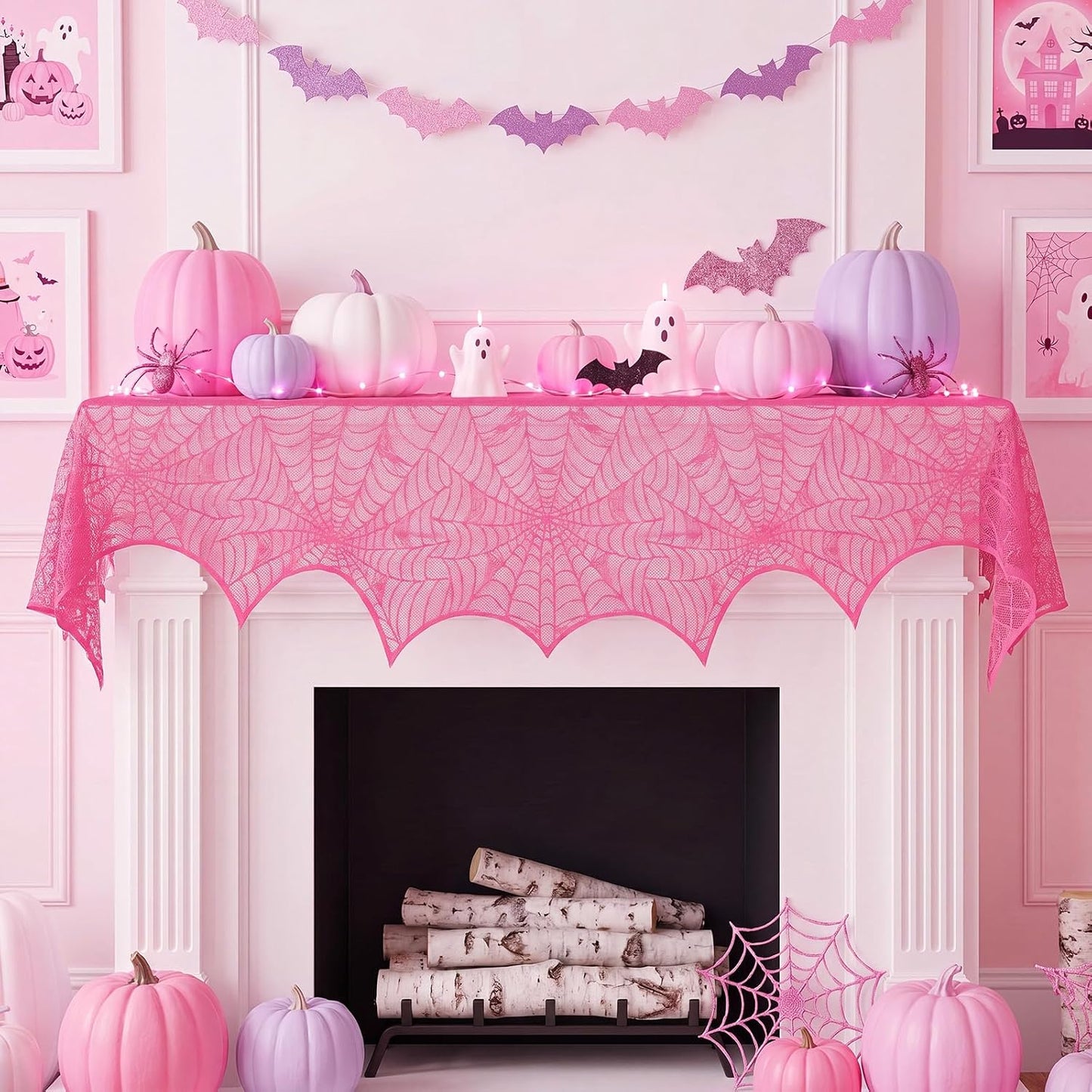 1 Pcs Pink Halloween Mantel Scarf Decoration Indoor Lace Spider Web