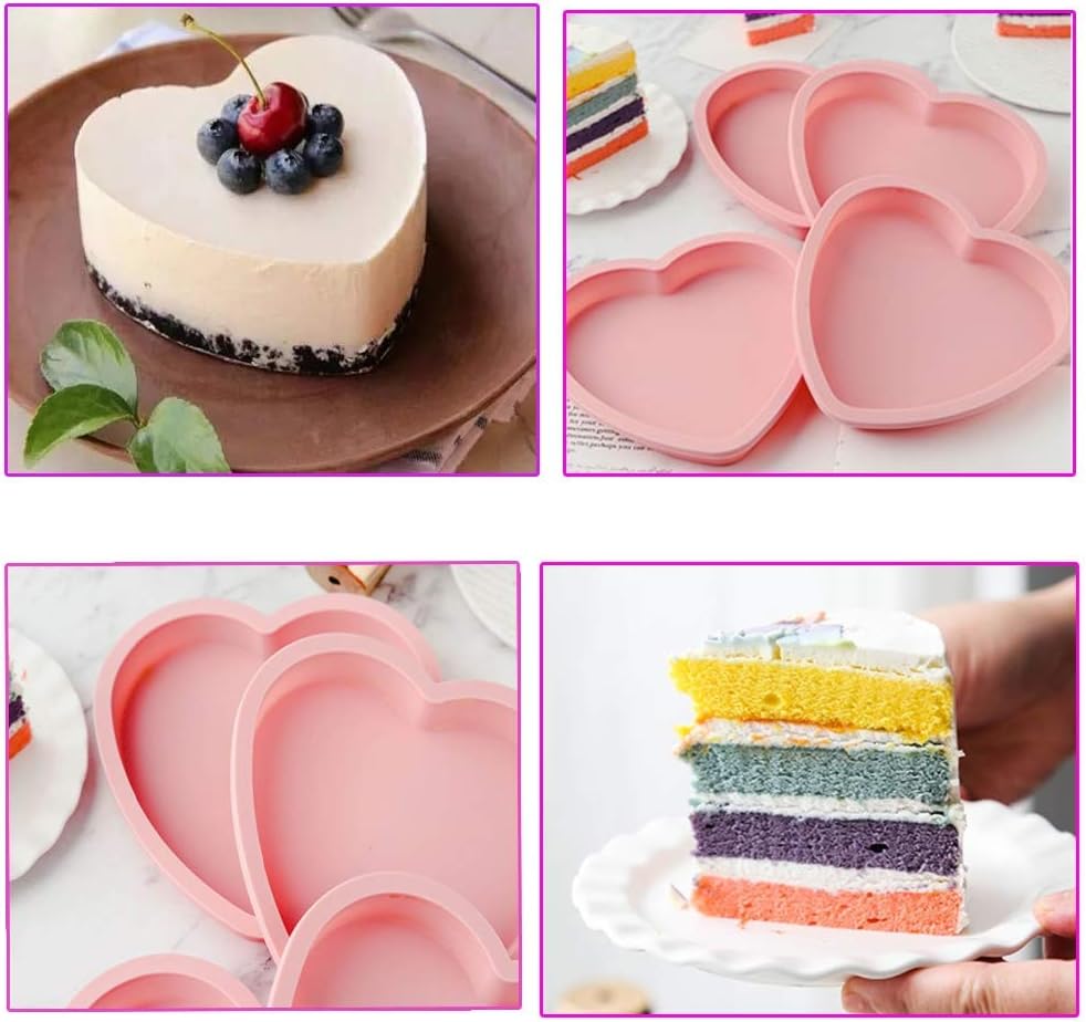 Silicone Heart Shaped Rainbow Cake Baking Pans, 4Pcs 6In Layer Pan Set, Flexible Non-Stick Silicone Molds+tray, Includes Measuring Cups set (pink)