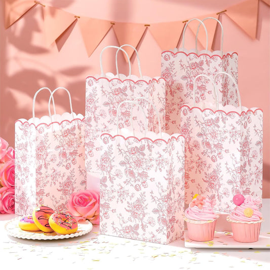 24 Pcs Pink Floral Gift Bags with Handles Wildflower Party Favor Candy Treat Goodie Bags Scalloped for Birthday Decoration for Bridal Baby Shower Party Supplies