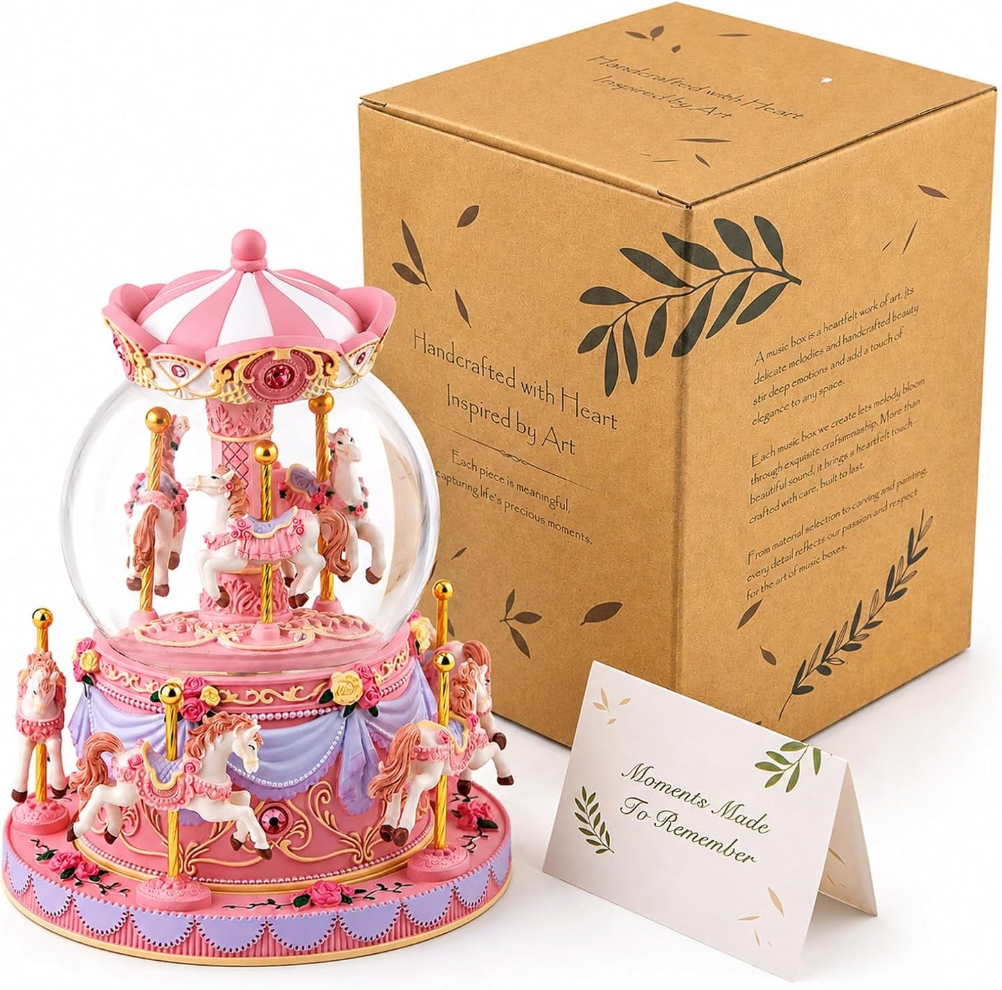 Remote Control Carousel Snow Globe Music Box, Pink Merry Go Round Horse Music Box with Lights, Plays 64 Tunes, Romantic Birthday Christmas for Daughter Wife Mom Granddaughter
