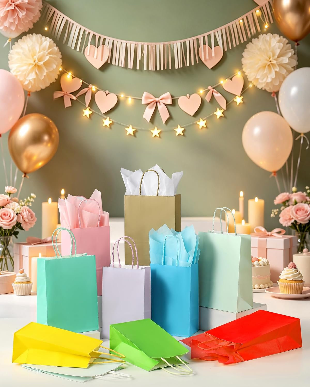 Pink Gift Bags with Handles Pink Kraft Paper Bags for Party Favors (5 x 3.1 x 8.2 in, 12 CT)
