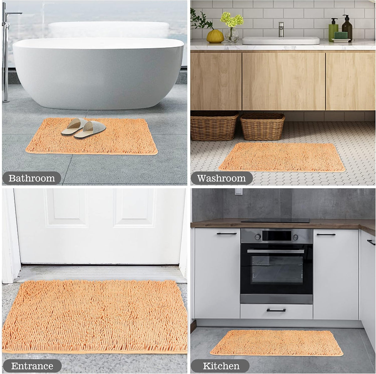 Chenille Peach Bathroom Rug 17"x24", Non-Slip Rubber Backing