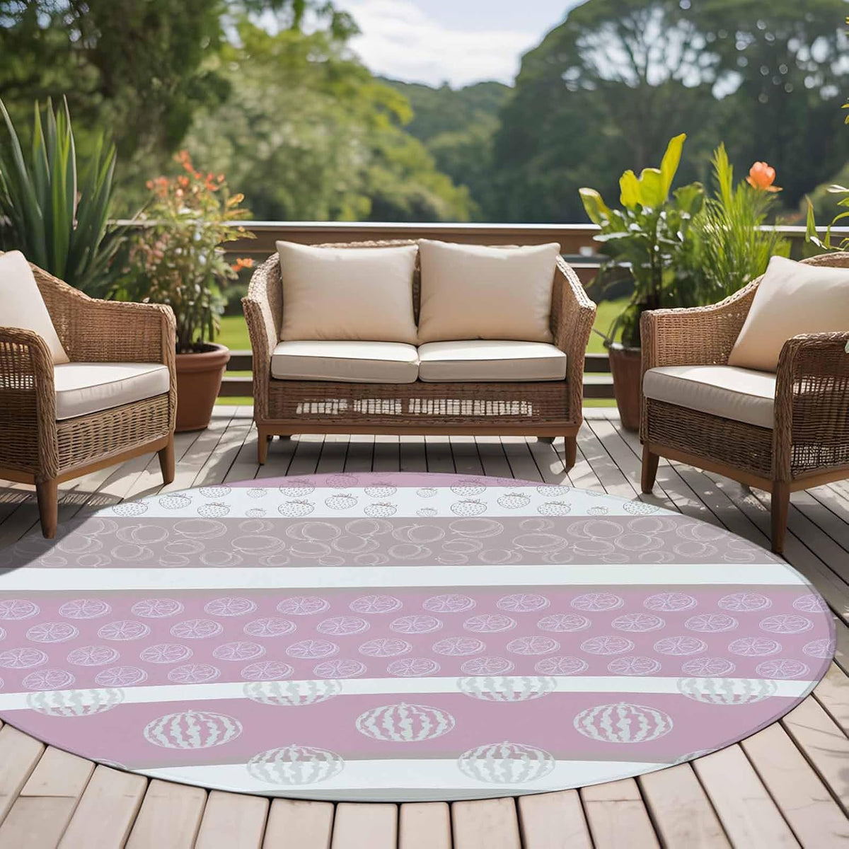 Farm Fruits 8ft Round Rug Washable Area Rug for Living Room, Soft Large Non-Slip 8' Circle Dining Room Rugs Watermelon Lemons Peach Pink Grey Striped Carpet for Bedroom Office Classroom Dorm