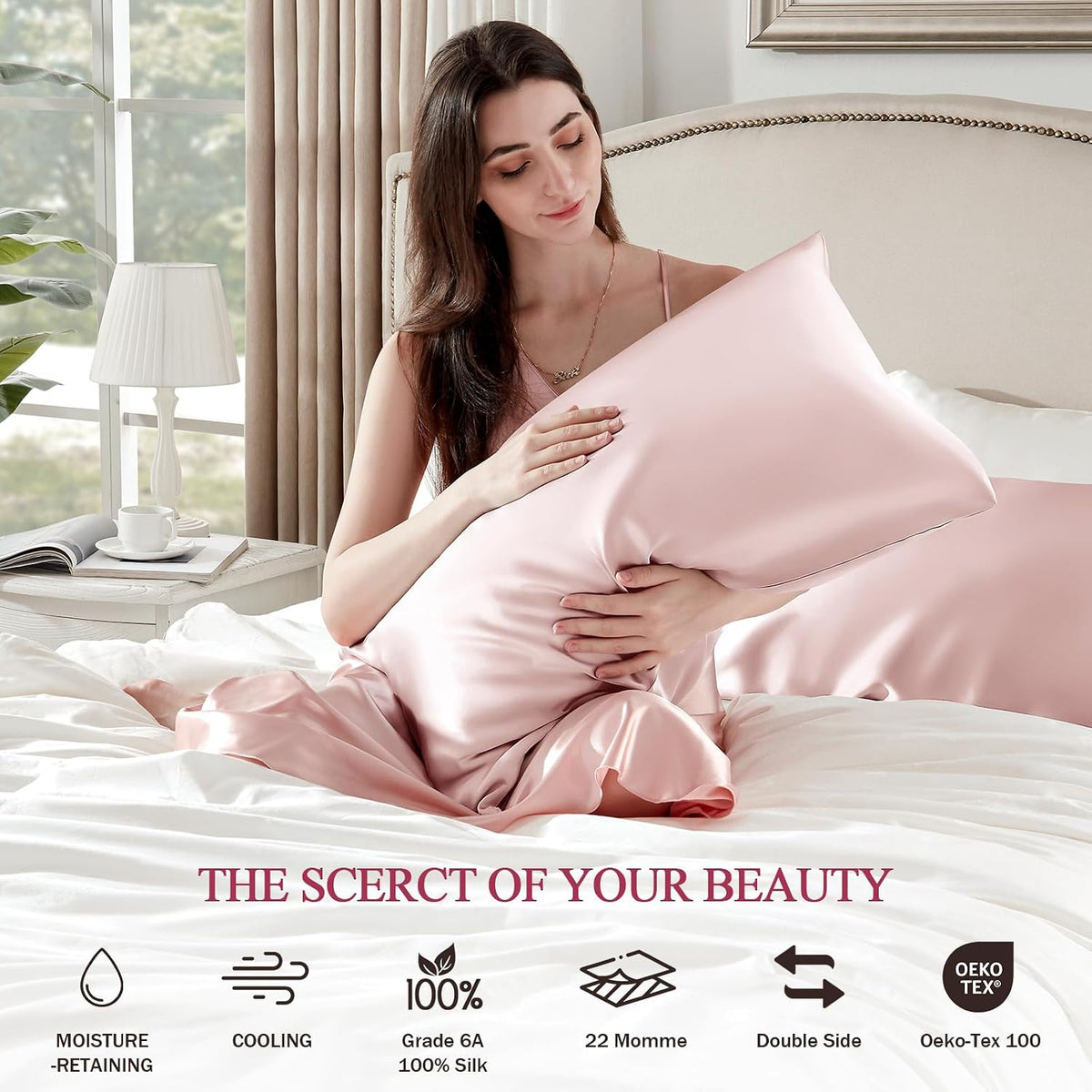 100% Silk Pillow Cases King Size Mulberry Silk Pillowcase for Hair and Skin 22 Momme Highest Grade 6A Silk Cooling Soft Smooth with Zipper 20 x 36 Inches 1PC, Pink