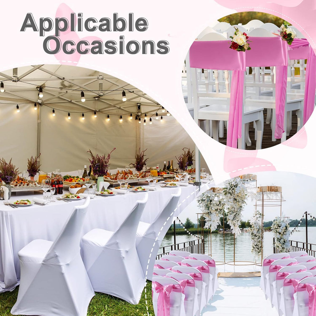 50 Pcs Folding Chair Cover Set, White, Pink