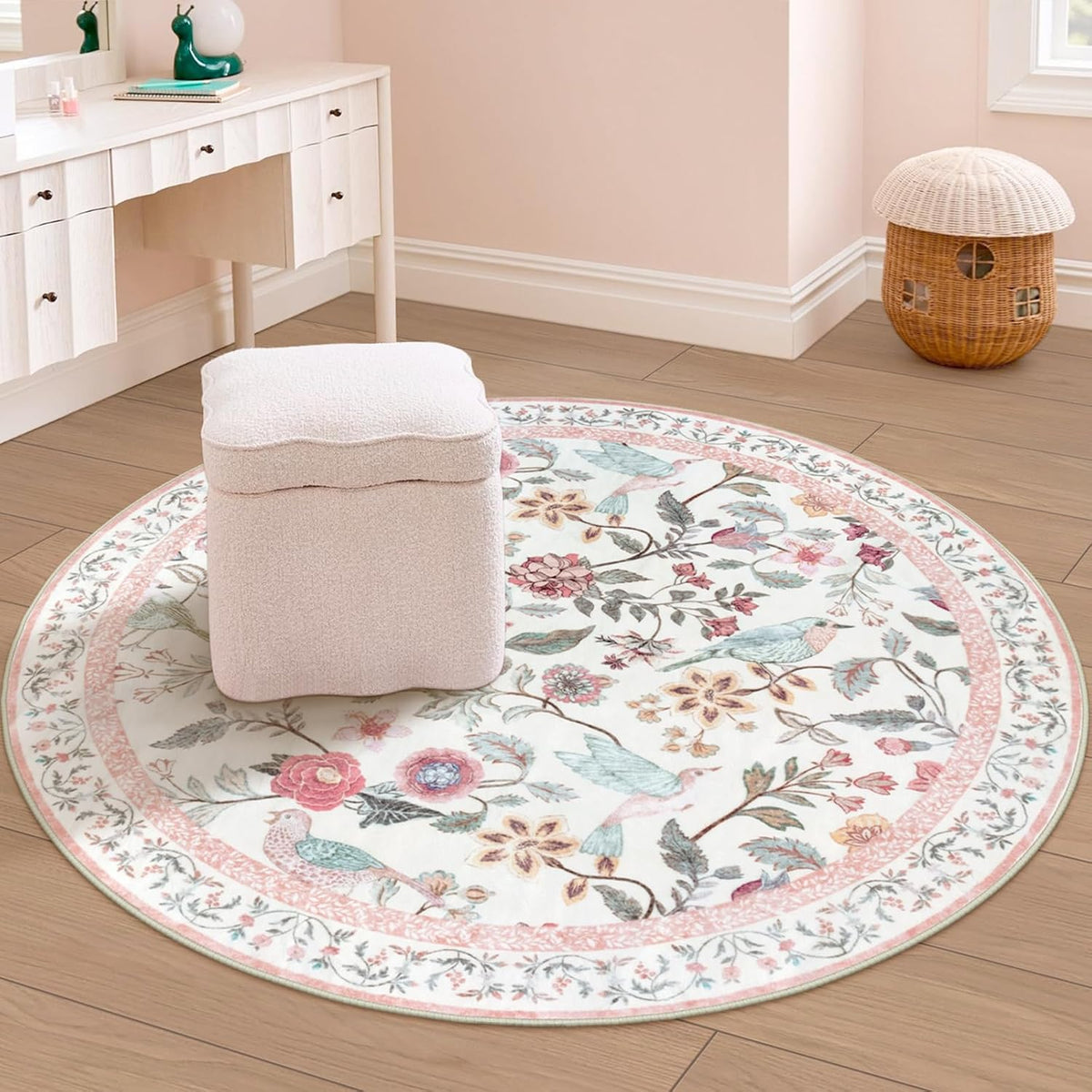 Pink Floral Round Rugs 4ft, Washable Boho Circle Rug for Girls Bedroom, Soft Non-Slip Botanical Nursery Circular Carpet, Modern Flower Birds Throw Rug for Kids Room Living Room