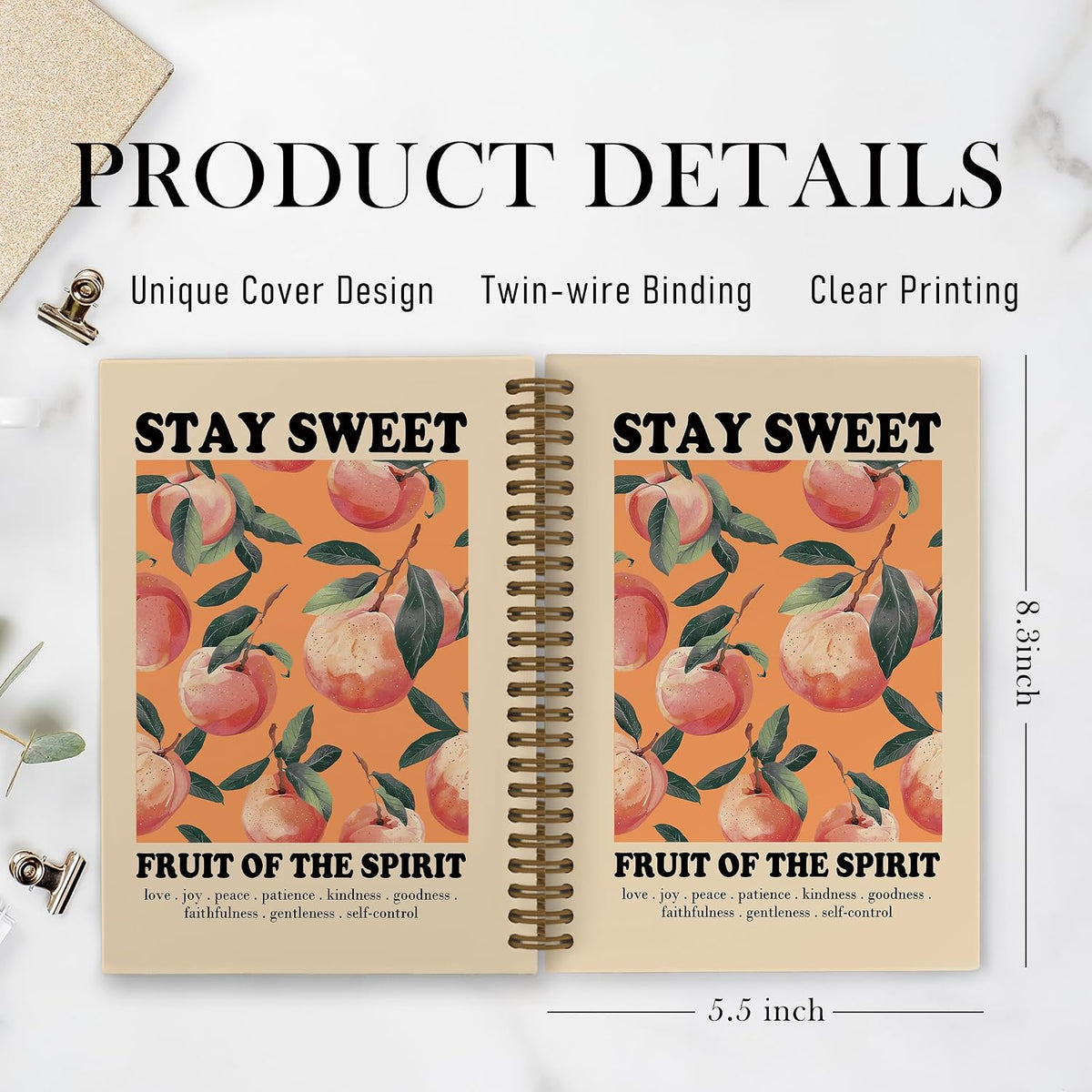 Fruit of the Spirit Peach Spiral Notebook, Peach Christian Journal Notebook, Bible Verse Scripture Notebooks for School Work, Christian Office Supplies Gifts for Women Men, 5.5x8.3 Inch