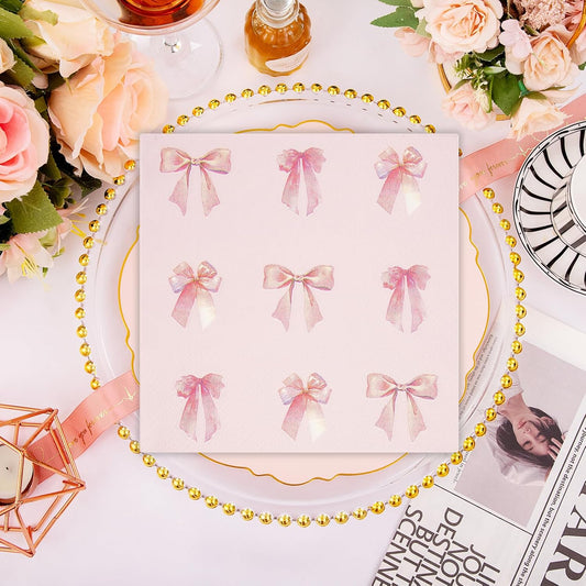 50 Pcs Pink Bow Napkins Party Supplies Decorations, 6.5Inch Pink Paper Luncheon Cocktail Napkins Disposable Tableware Supplies for Coquette Girls Birthday Bridal Engagement Baby Shower Tea Party