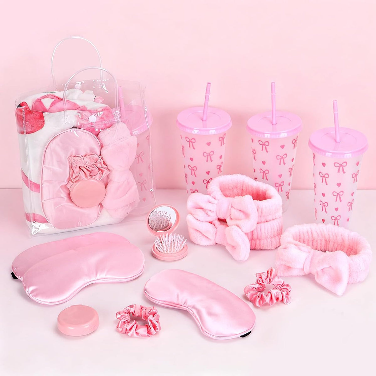 42PCS Sleepover Party Supplies for Girls, 6 Pink Bow Blanket 6 Tumbler 6 Spa Headb 6 Sleep Eye Mask 6 Scrunchies 6 Bags 6 Mirrors Combs for Spa Birthday Slumber Party Gifts-Pink Bow
