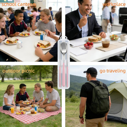 Reusable Travel Utensils Set - 5-Piece Stainless Steel Cutlery with Case, Portable Silverware for Camping, Office & Lunch Box, Eco-Friendly On-the-Go Flatware Kit (Pink)