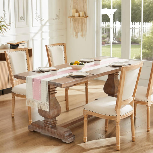ZeeMart Macrame Style Bicolor Stitching Table Runner, 14 x 72 Inch Light Pink/Ivory, Boho Pink Table Runners 72 Inches Long, Farmhouse Woven Home Decor