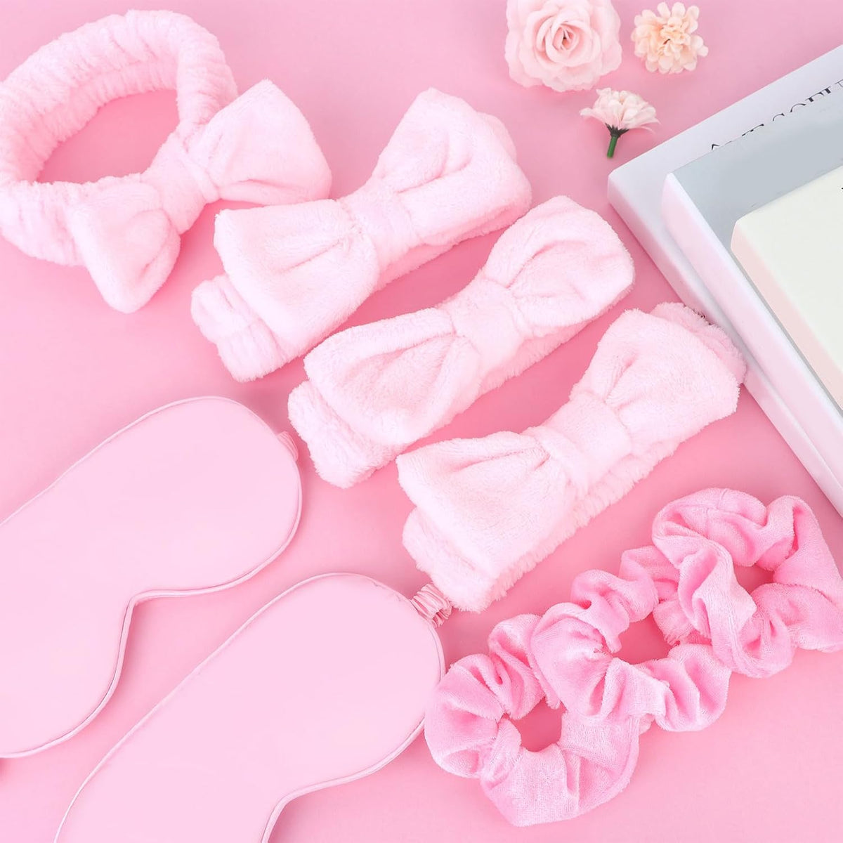 18 Pcs Sleepover Party Supplies for Girls - Pink Party Favors Include 6 Spa Headband, 6 Silk Eye Mask and 6 Velvet Scrunchies for Spa Birthday, Bachelorette, Slumber (Pink)