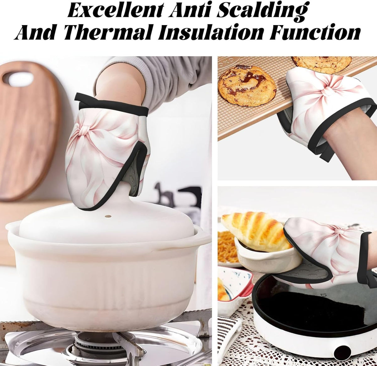 Light Pink Bow Mini Oven Mitts Non-Slip Silicone Grips Heat Resistant Kitchen Gloves for Cooking & Baking 5.9"x5.9"