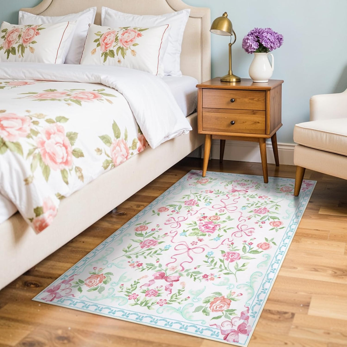 3x5 Pink Blue Floral and Bow Washable Area Rug for Girls Bedroom