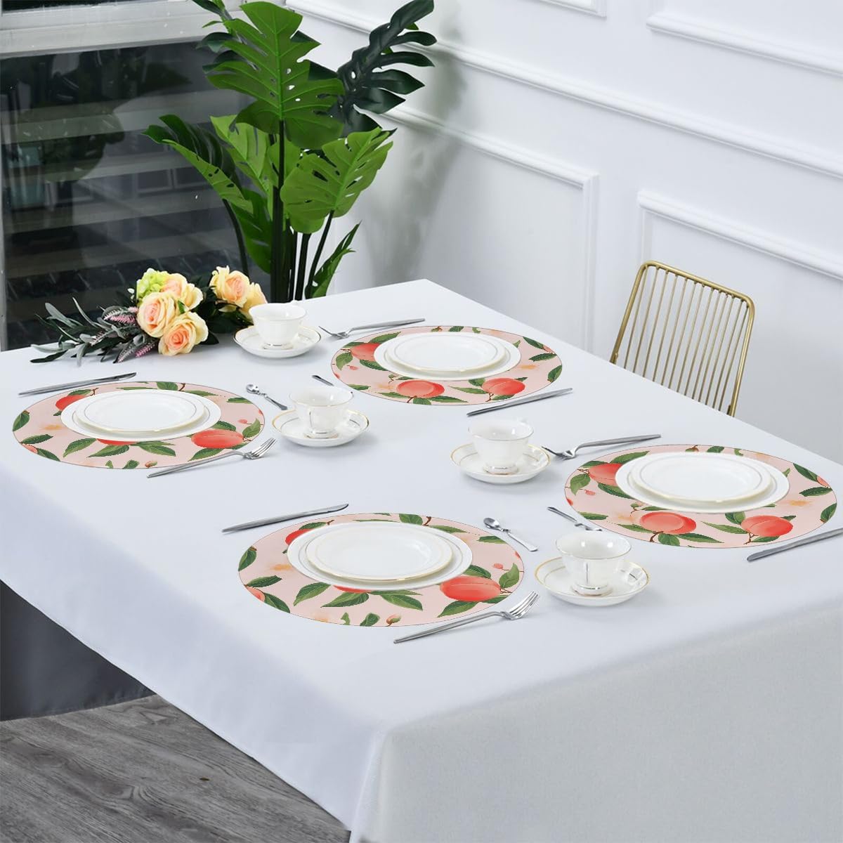 Round Placemats Set of 4, Pink Peach Fruit Heat Resistant Washable Place Mats Table Mat for Kitchen Dining Party