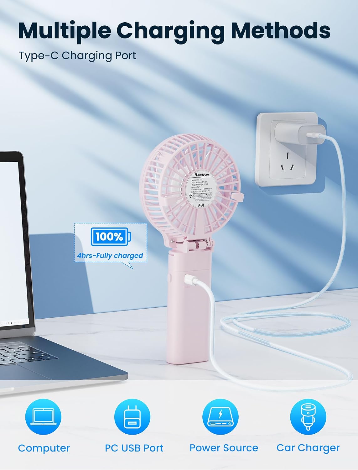 5200mAh Handheld Fan Rechargeable, 20H Runtime , 3 Speeds Strong Airflow, Personal 180° Foldable Portable Fans for Travel/Summer/Concerts/Lash/Commute, Gifts for Women (Cherry Pink)
