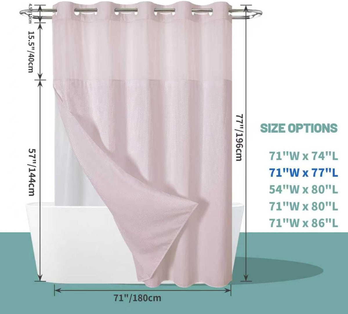 No Hook Waffle Shower Curtain with Snap-in Liner, 71x77 Inch, Blush Pink