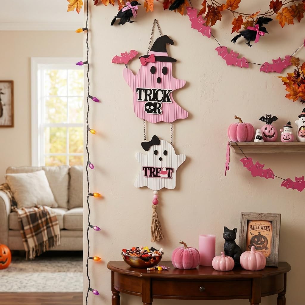 Pink Halloween Decor, Cute Halloween Door Wreath Decorations, Ghost with Witch Hat Wooden Hanging Sign for Wall Window Door Handle, 16 inch