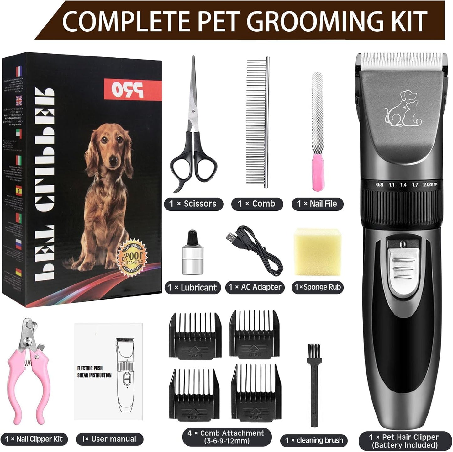 Professional Dog Clippers, Rechargeable Pet Grooming Kit, Cordless Hair Clippers with Powerful Motor for Dogs Cats, Stainless Steel Blade, Waterproof Pet Shaver for Thick Heavy Coats
