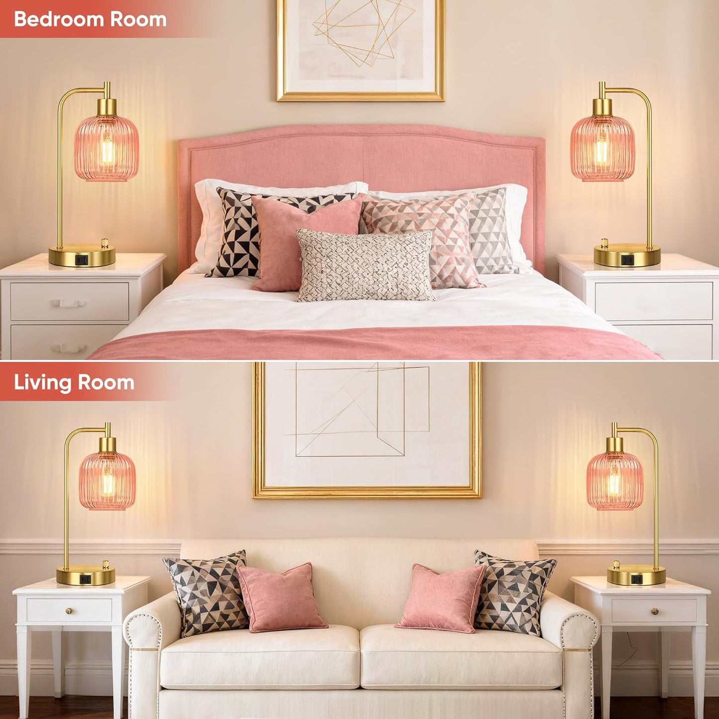 Industrial Table Lamp for Bedroom Set of 2, Pink Glass Beside Lamp with USB A&C Ports, Stepless Dimmable Gold Lamps, Nightstand Lamps for Living Room, Office, Home Decor(Bulb Included)