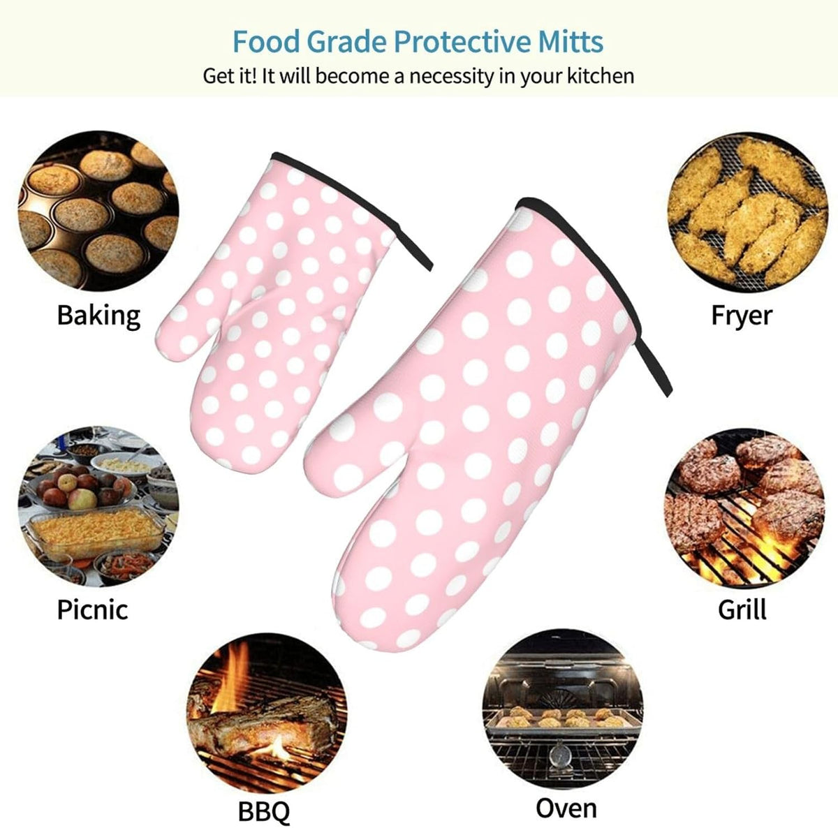 Light Pink Polka Dot Print Oven Mitts for Women, 2 Pack Cute Kitchen aid Oven Mitts Heat Resistant Gloves with Cotton Lining