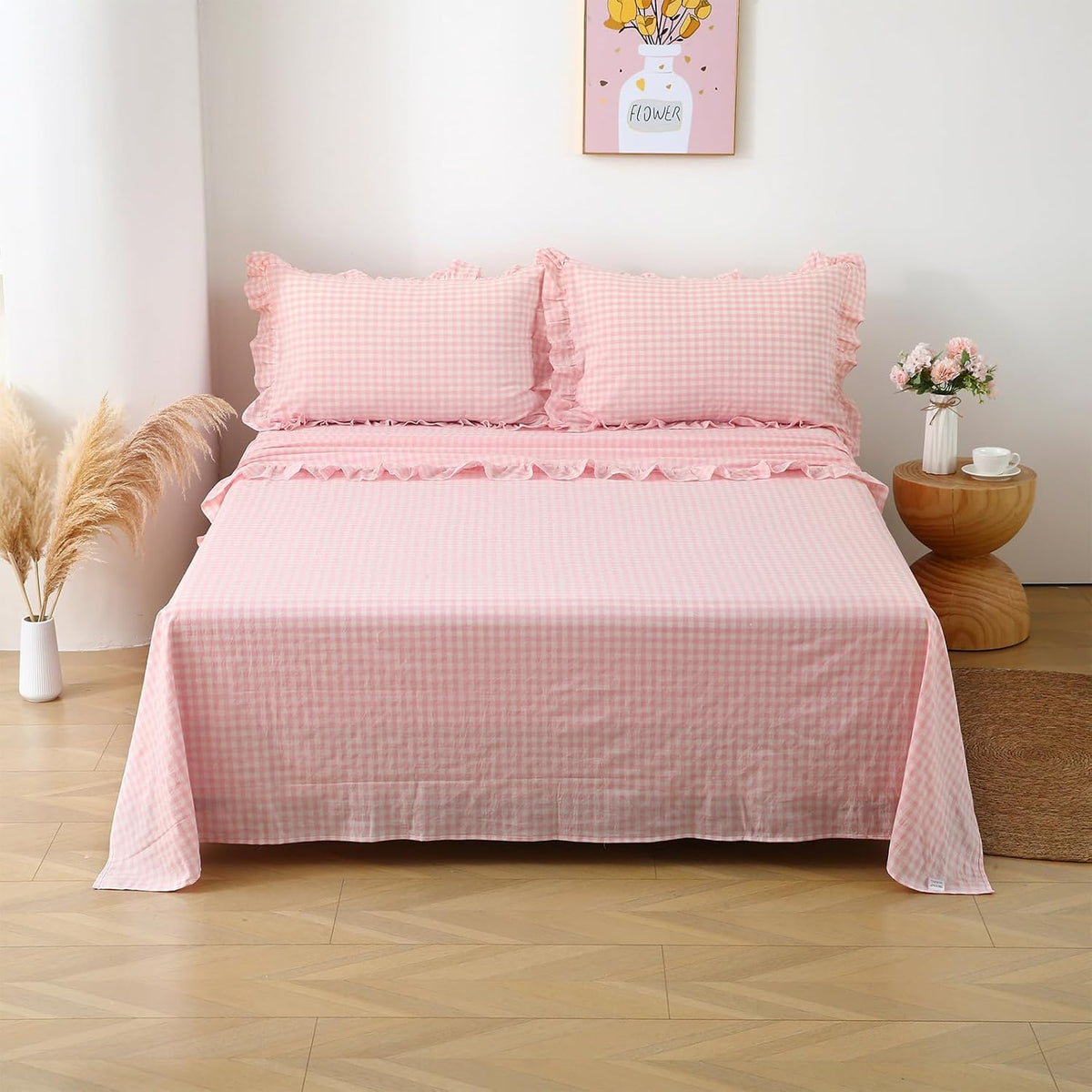 Peach Blush White Gingham Ruffle Sheets Full Size 4-Piece Set