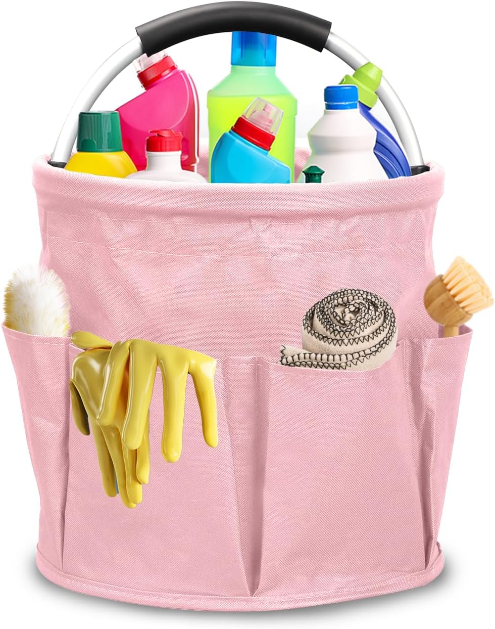 Feminine Portable Cleaning Caddy, 17L Foldable Cleaning Supply Caddy with Handle, Pink