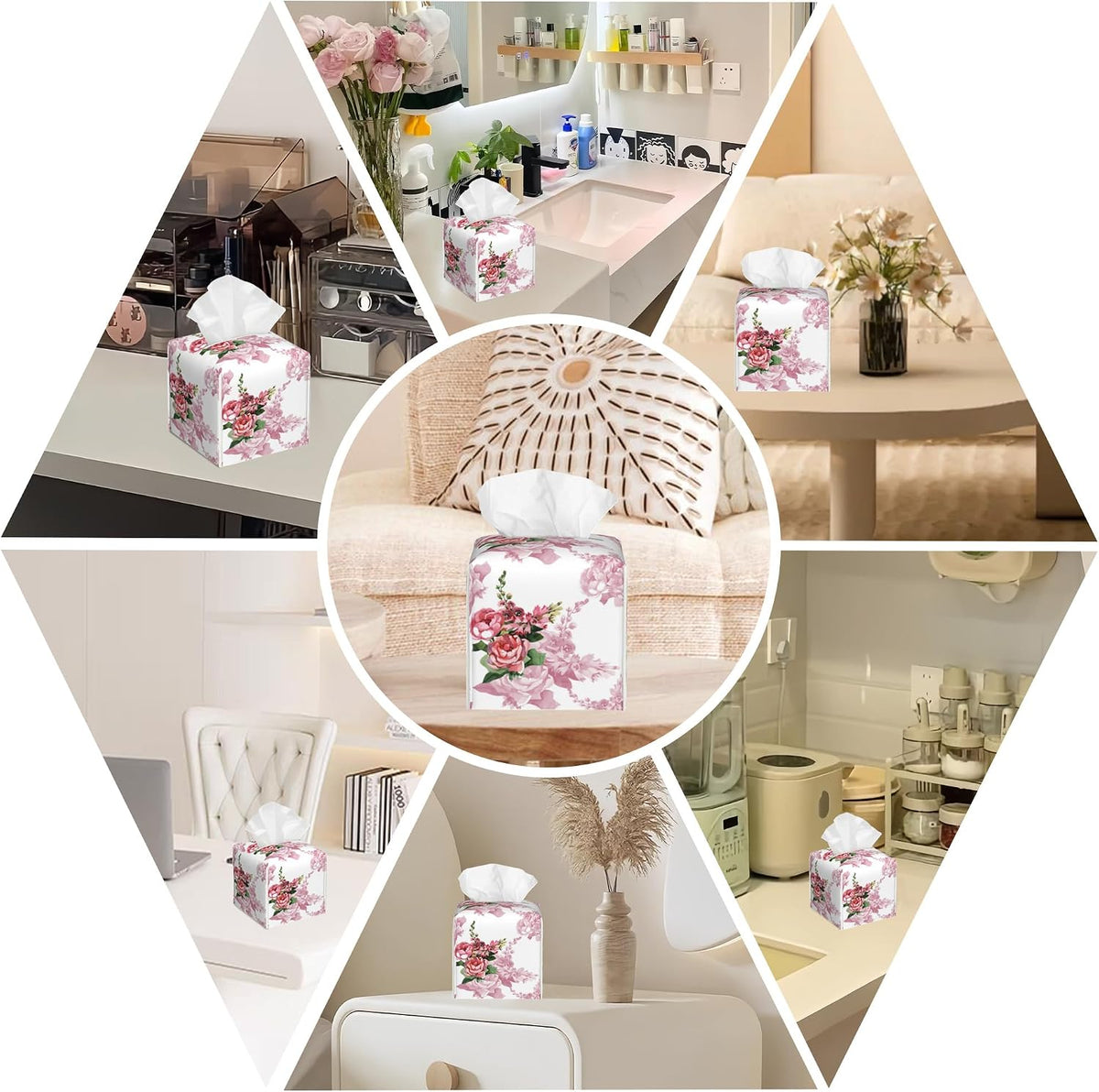 Leather Tissue Box Holder Watercolor Pink Rose Flower Tissue Box Cover Facial Paper Case Organizer Cube Napkin Dispenser for Bathroom Vanity Countertop Night Stand Office Car