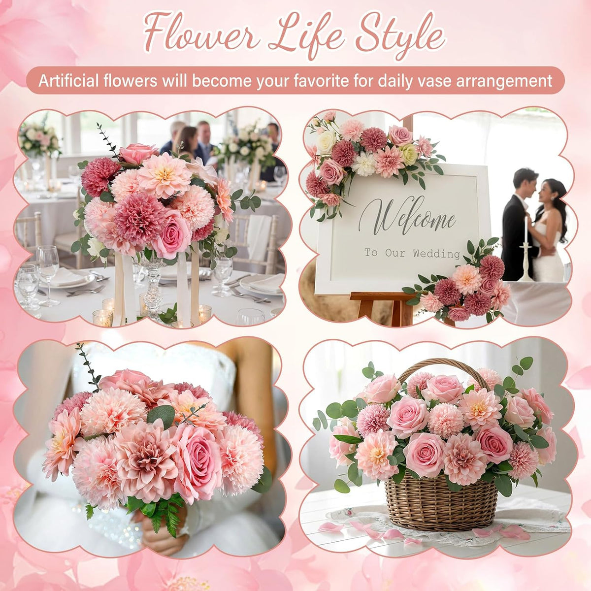 50 Pcs Fake Silk Flowers with Stem Eucalyptus Leaves, Pink