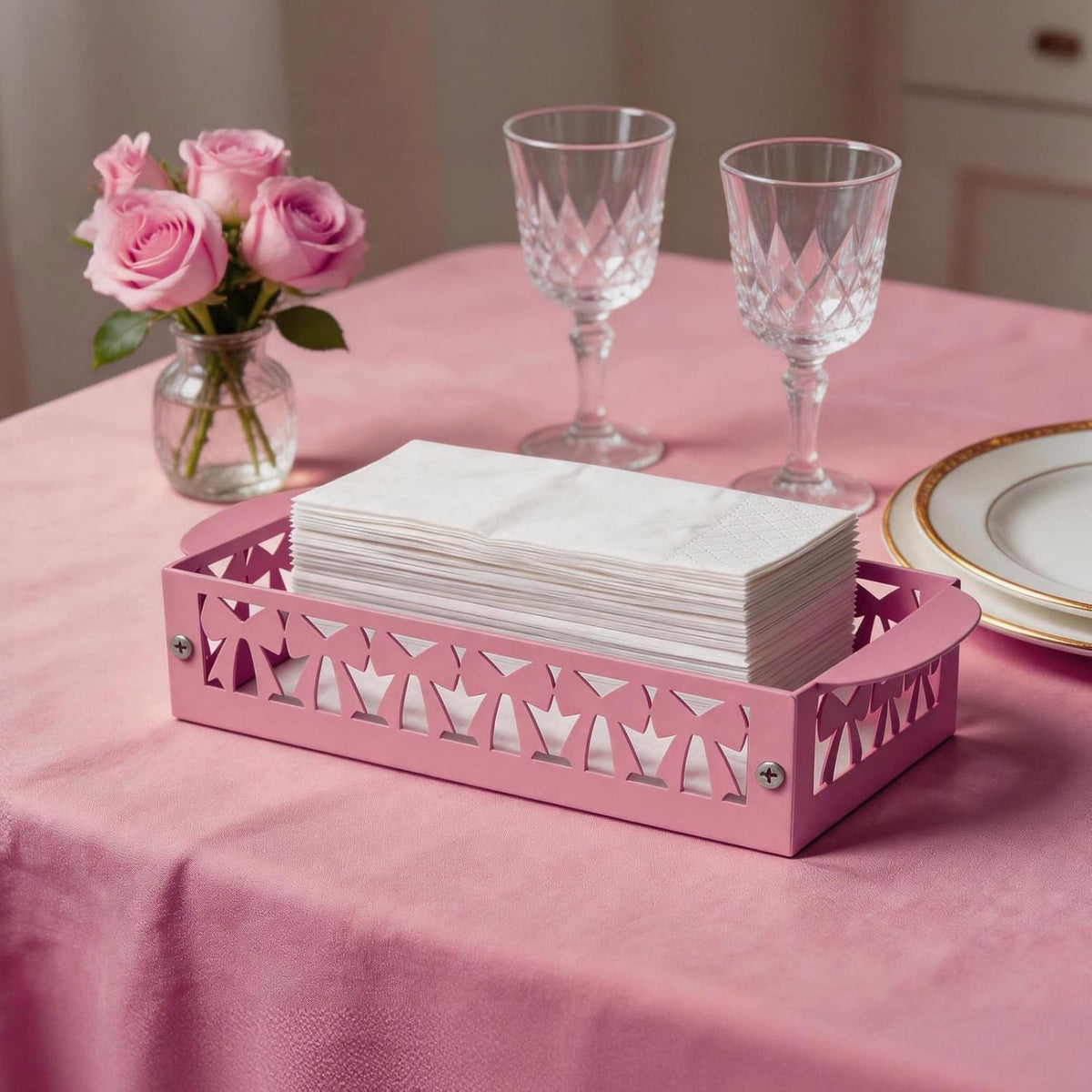 Pink Bow Toilet Paper Basket Set of 2 Metal Bathroom Organizer Pink Bathroom Decor Cute Toilet Paper Holder Coquette Bathroom Accessories Feminine Toilet Basket for Vanity Counter Shelf