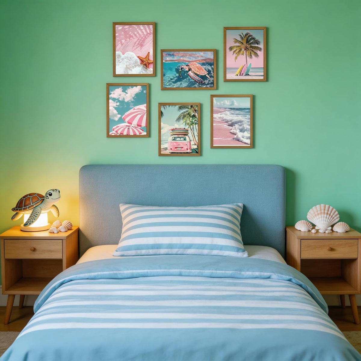 6 Pcs Pink Beach Wall Art Posters Beachy Coastal Scene Canvas Prints with Palm Trees Surfboards Paintings 12x16 In Unframed Summer Surf Wall Decor for Bedroom Sea View RoomLiving Room