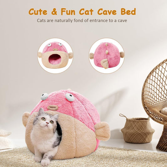 Cat Beds for Indoor Cats-Cat Bed Cave,Cute Lively Pufferfish Shape,Pink M