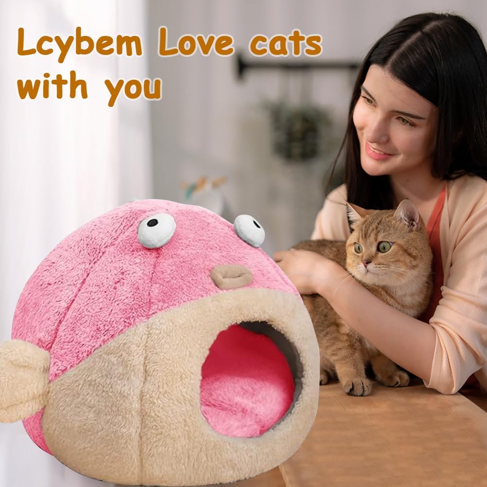 Cat Beds for Indoor Cats-Cat Bed Cave,Cute Lively Pufferfish Shape,Pink M