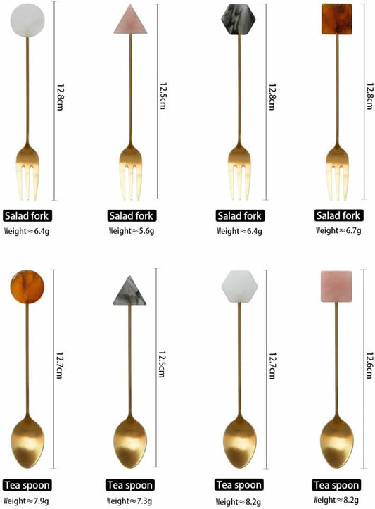 (8 Pieces) Acrylic Decoration Stainless Steel Coffee Spoon Dessert Cake Milk Tea Fruit Fork Stirring Small Fork Spoon Long Fork Spoon (Pink,12.8 cm / 5.03 in)