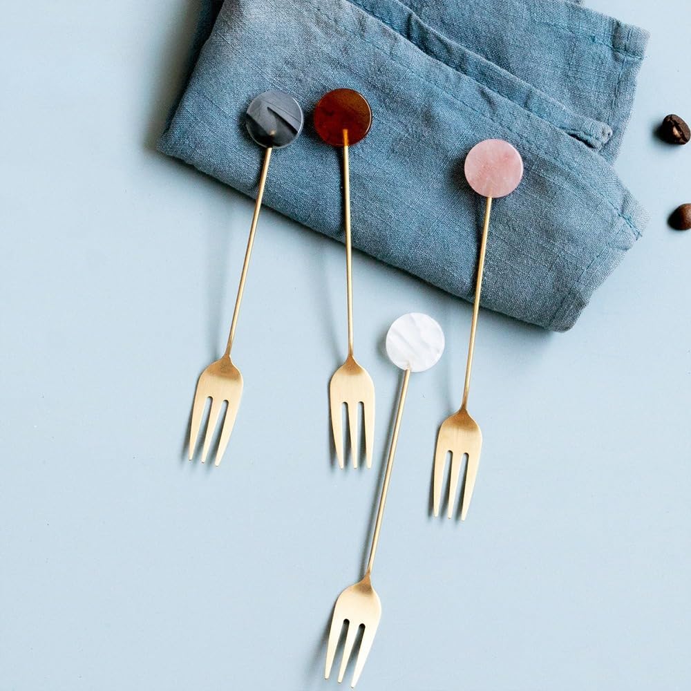 (8 Pieces) Acrylic Decoration Stainless Steel Coffee Spoon Dessert Cake Milk Tea Fruit Fork Stirring Small Fork Spoon Long Fork Spoon (Pink,12.8 cm / 5.03 in)