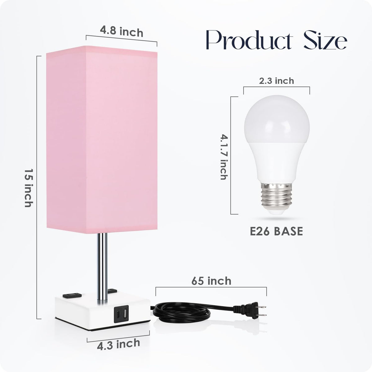 Bedside Lamp with USB Ports - Touch Control Table Lamp for Bedroom with USB C+A Charging Ports & AC Outlets, 3 Way Dimmable Nightstand Light with White Base for Living Room (LED Bulb Included, Pink)