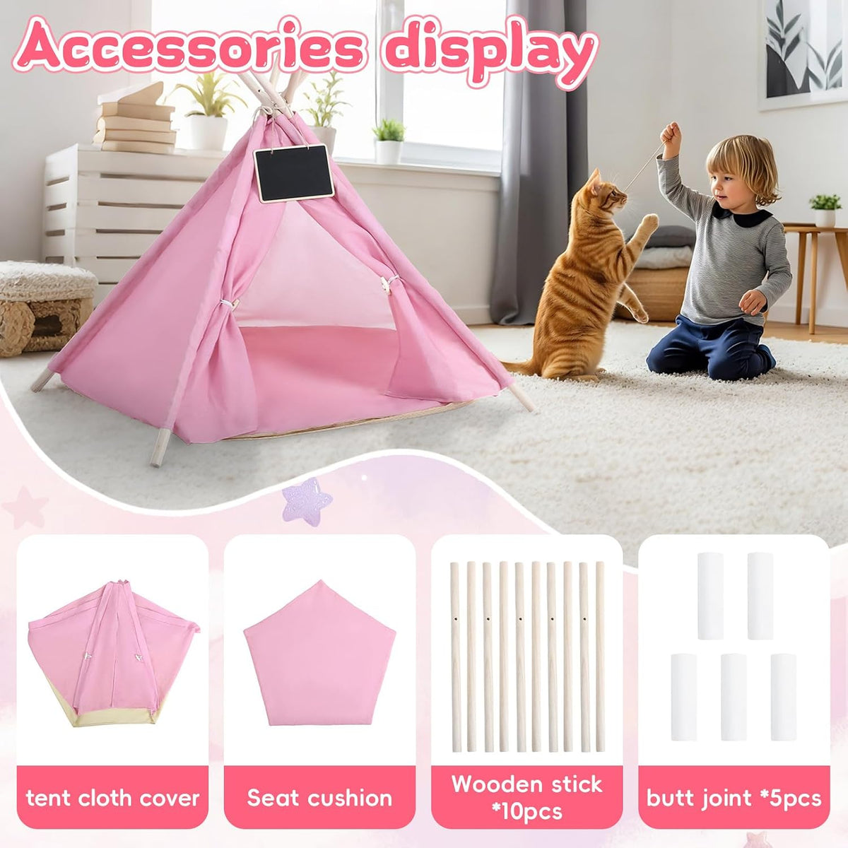 Pet Teepee Tents Dog & Puppy Cat Bed with Thick Cushion Portable Pet Houses Pink Dog Teepee Tents for Puppy & Cat(L: 24 x 24 x 29.5 Inch)