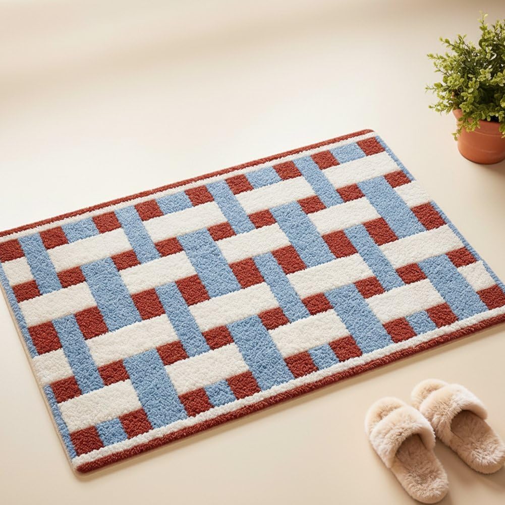Pink Checkered Bath Mat, Washable Non-Slip Microfiber Bathroom Rug, Ultra Soft Absorbent Fluffy Floor Carpet for Shower Tub, Retro Plush Mat