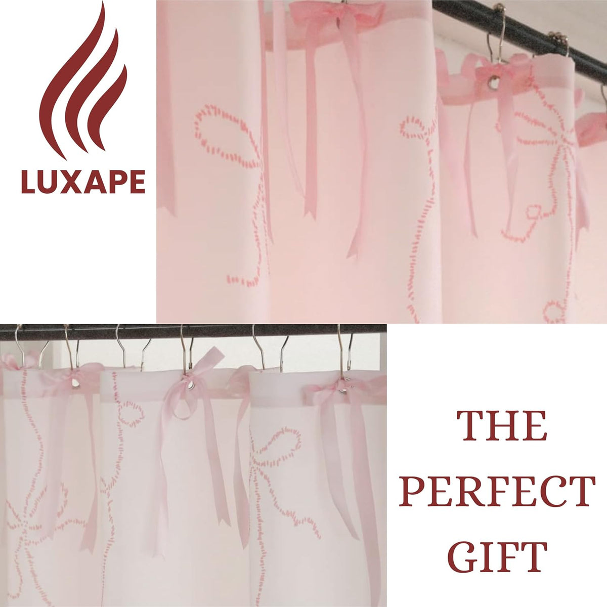Bow Shower Curtain, Coquette Handcrafted Bow Tie Bath Curtain for Master Bathroom, Ruched Microfiber Bathroom Curtain with 12 Buttonholes, 72" W x 72" H (Elegant Pink)