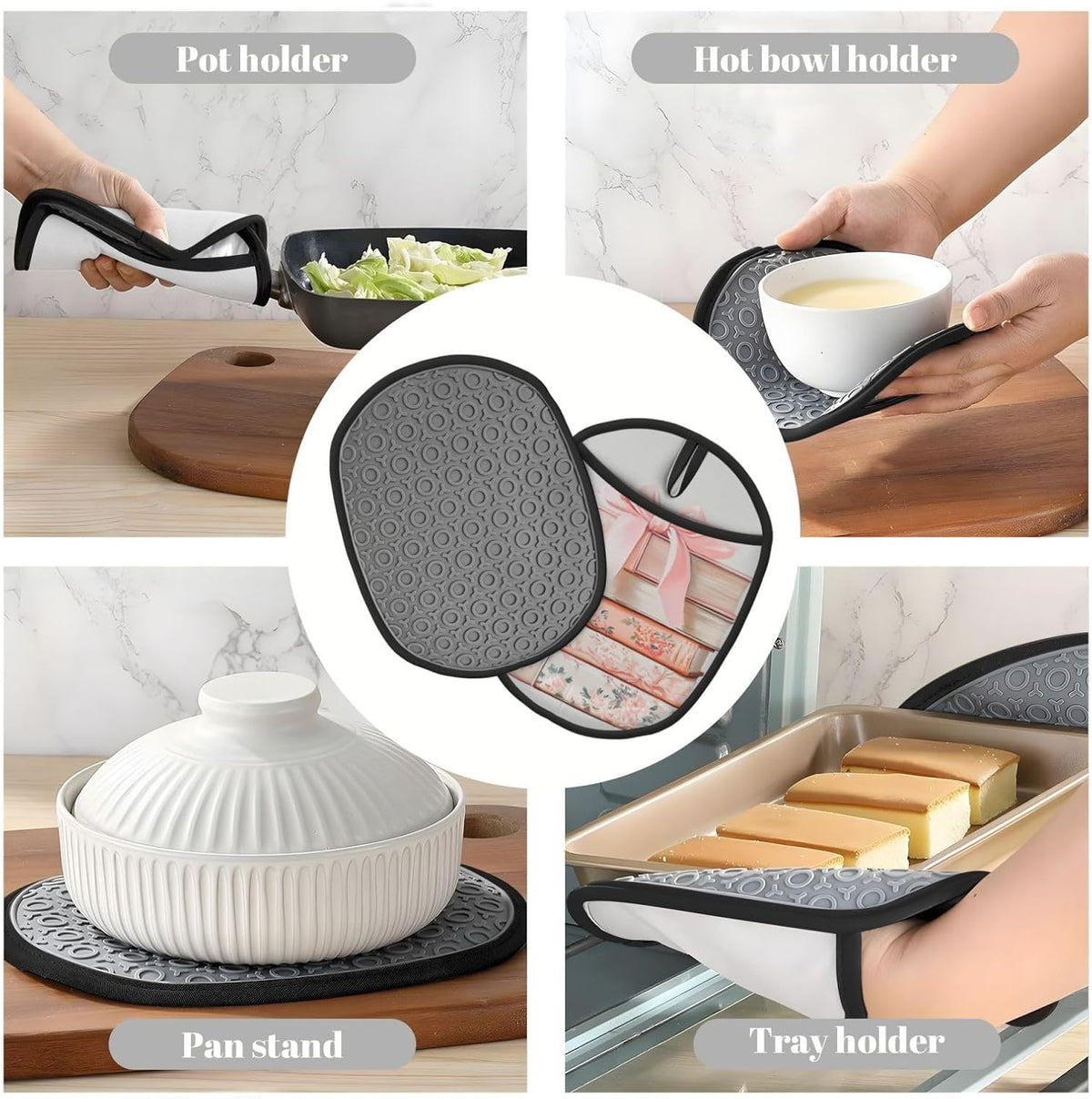 Books with Light Pink Bow Silicone Pot Holders,2pcs, Heat Resistant Oven Mitts Large Potholders for Kitchen Cooking Baking Hot Pads