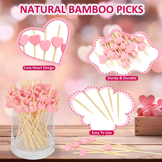 Pink Heart Cocktail Picks, Fancy Toothpicks for Appetizers, 4.7 IN Bamboo Fruit Skewers, Wooden Charcuterie Sticks for Food Drinks Valentines Galentines Mothers Day Party Decorations Wedding Decor