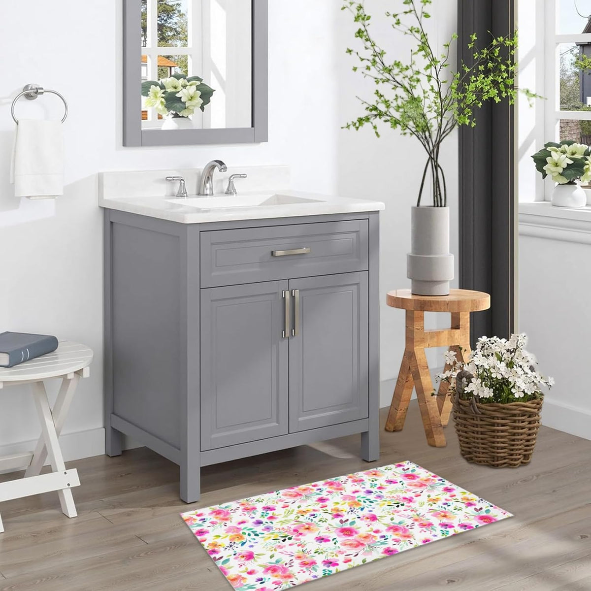 Pink Floral Bathroom Rug Spring Watercolor Boho Non Slip Low Pile Bath Mats Machine Washable Farmhouse Flower Bath Rugs for Bathroom Shower Tub Sink Laundry Room 20x32 Inch