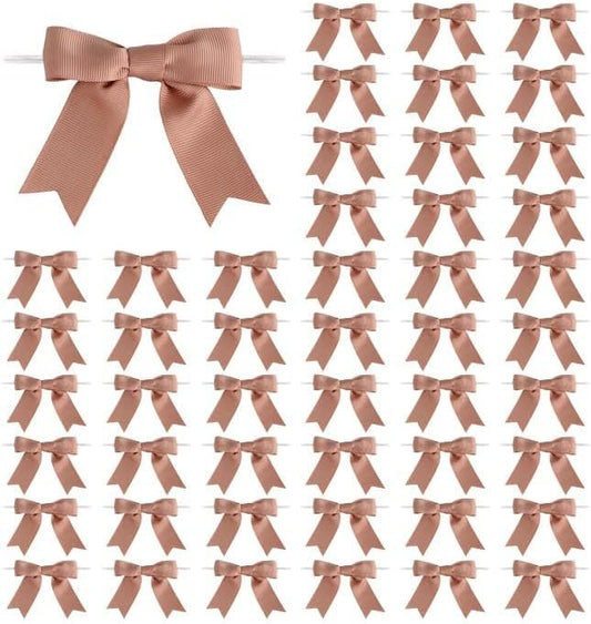 Meseey 50 Pcs 3 Inches Grosgrain Ribbon Twist Tie Bows Pretied Premade Craft Bows for Treat Bags Gift Wrapping Basket Wedding Baby Shower Brithday Christmas Party (Peach Brown)